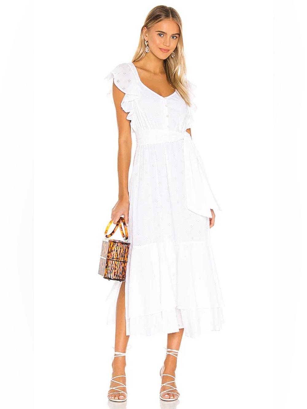 Cleobella Karina Midi Dress White Eyelet Organic Cotton Flutter Sleeve L